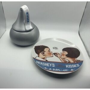 2-PC Hershey‎ Kisses Silver Candy Jar & Vntg A Kiss For You Plate 1979